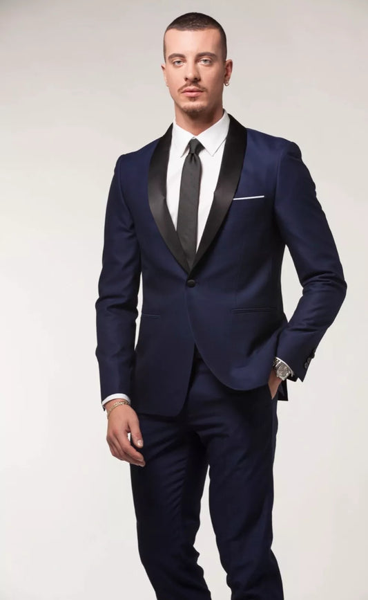 Abito Uomo Smoking Blu sciallato Nero